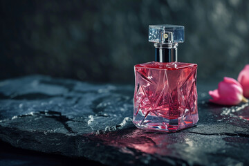 Transparent pink glass perfume bottle standing on dark stones, close-up. The concept of selective perfumery - obrazy, fototapety, plakaty