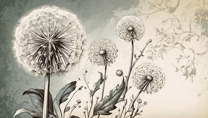 White dandelions. Monochrome vintage poster