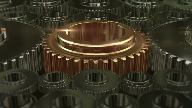 Slowly Rotating 3D Machine Gears In Motion. Industry Related Abstract 3D Animation Concept.