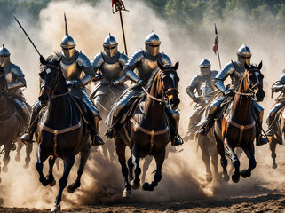 Epic battlefield reenectment: Medieval knights charge into battle with determination, battle of medieval knights soldiers. Generative AI