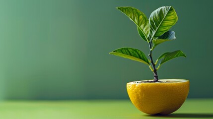 Close up of one half of a lemon growing a new lemon tree on a green background, summer concept. - obrazy, fototapety, plakaty
