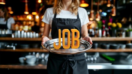 une serveuse de bar tient un plateau argenté devant elle avec le texte JOB écrit en 3D	
 - obrazy, fototapety, plakaty