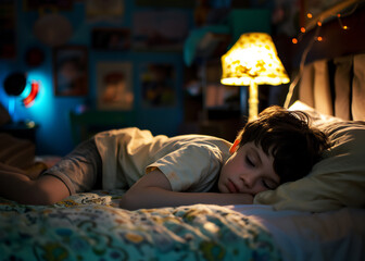 Jeune garçon, déprimé, pensif, somnolant, dormant,  allongé sur  son lit - obrazy, fototapety, plakaty