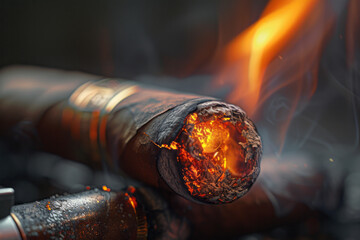Glowing cigar close up with smoke, macro
 - obrazy, fototapety, plakaty