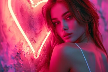Young woman posing with neon heart in front of pink neon lights on wall in urban setting - obrazy, fototapety, plakaty