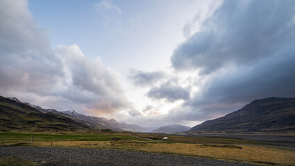 Stunning landscape with dramatic sky  in the south of iceland in summer