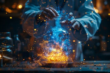 Surreal blue sparks fly from the welder's grinder, a human mimicking a god creating stars in a night sky - obrazy, fototapety, plakaty