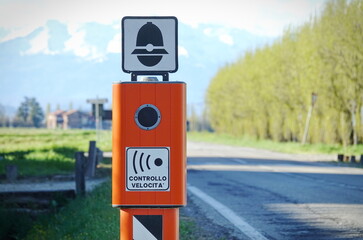 Traffic Enforcement Camera with TEXT that means electronic speed control in italian language and...