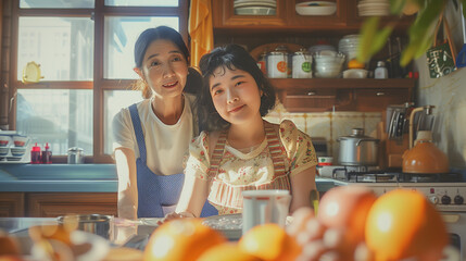 An asian mother with her daughter in kitchen.