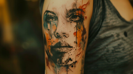 A woman with a colorful tattoo on her arm. The tattoo is a portrait of a woman with bright colors...