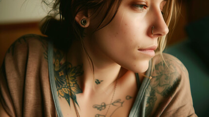 A young woman with tattoos on her neck and chest looks off to the side. She has a pensive expression on her face.