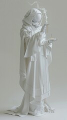 Amidst serene white robes, a asian female robotic monk holds a calming incense, embodying minimalism with a touch of enlightenment, all rendered in ultra-realism