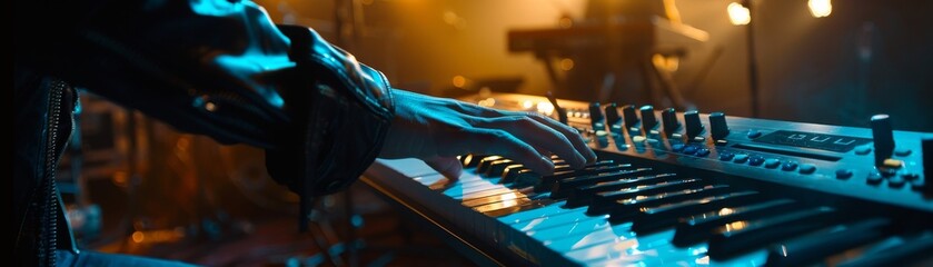 Dynamic rock performance: Close-up of keyboardist's hands and keys, lost in the music.