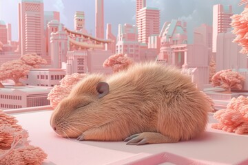 A enormous than skyscrapers capybara size snoozes peacefully amidst the urban hustle, capturing...