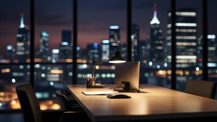 Blurred illustration of Private office penthouse city skyline view, evening atmosphere. Big desk office chair and notepad. - obrazy, fototapety, plakaty