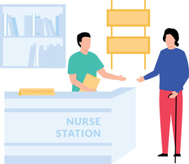 The woman is talking to the boy at the nurse's station.