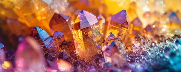 Macro shot of crystal formations, showcasing natural geometric patterns and vibrant colors. - obrazy, fototapety, plakaty