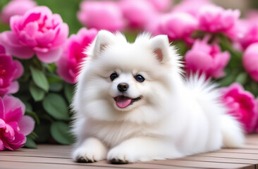 A white fluffy pomeranian puppy on a background of pink peonies
