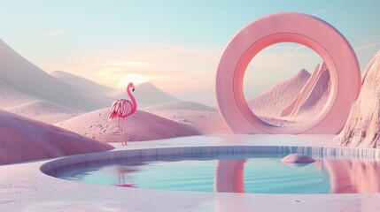 A flamingo-themed rocketship soars from a desert oasis, its circular window reflecting a serene pool A whimsical blend of pastels and minimalism