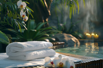 Folded white towels on a background of green leaves, orchids, and jacuzzi or pool water, spa...