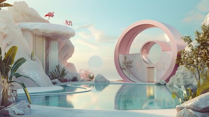A flamingo-themed rocketship soars from a desert oasis, its circular window reflecting a serene pool A whimsical blend of pastels and minimalism