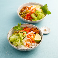Healthy salmon poke or sushi bowl