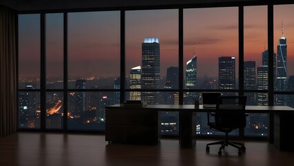 Private office penthouse city skyline view, evening atmosphere. Big desk office chair and laptop. - obrazy, fototapety, plakaty