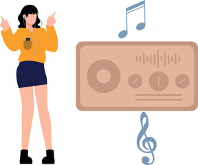 A girl wearing headphones is listening to a podcast.
