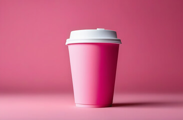 A pink coffee cup with a white lid. Hot drinks with you. Stylish cup of coffee to take away