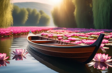 Fototapeta premium Wooden boat in a beautiful river with lotuses in the sunlight. 
