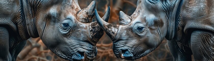 In a touching moment, a rhino mother and calf share a close bond, depicted in a close-up shot that showcases the tender and affectionate side of these remarkable creatures. - obrazy, fototapety, plakaty