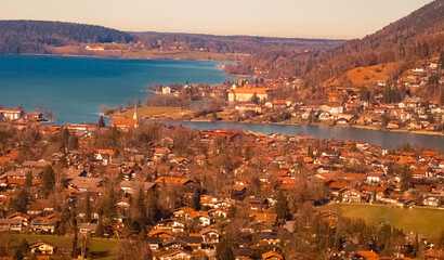 Aerial winter view of Rottach-Egern, Lake Tegernsee, Miesbach, Bavaria, Germany