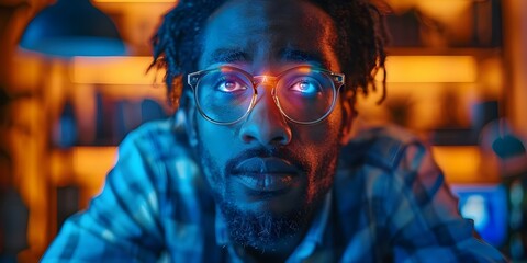 An image of a visually impaired employee using a computer with a braille display in a modern office setting. Concept Disability Inclusion, Workplace Accessibility, Assistive Technology