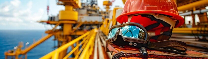 A focused shot showcasing imperative safety gear and tools necessary for operations on an oil rig.