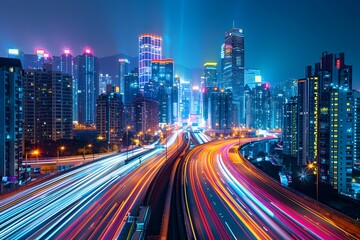 Dazzling Cityscape Lights and Motion Blur on Vibrant Urban Highway at Night