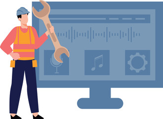 The boy is holding a wrench.