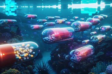 Pills floating in turquoise water near a vibrant coral reef, amidst marine life and tropical underwater scenery - obrazy, fototapety, plakaty