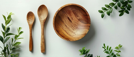 wooden spoons and bowl on white background  - obrazy, fototapety, plakaty