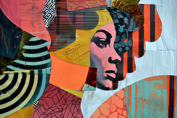 Woman, collage art and creative face made of paper for womens rights, magazine or advertising. Colourful, vibrant pop and creative graphic design poster for background, wallpaper and backdrop mockup