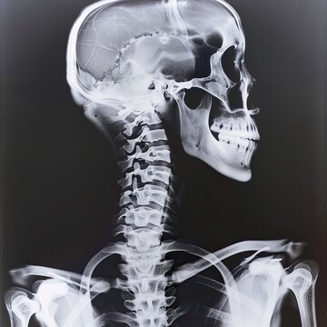 X-ray image of a human skull and cervical spine on a dark background. Medical diagnostic radiography concept