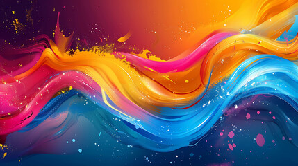 Abstract painting with vibrant colors. Pink, yellow, blue, and purple waves of color blend together to create a sense of movement and energy. - obrazy, fototapety, plakaty