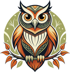 Owl with leaves on a beige background. Vector illustration.
