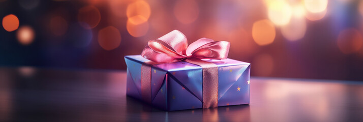 single gift wrapped in sparkling blue paper is tied with a delicate pink bow, sitting atop a smooth surface. The background glows warmly with bokeh lights - obrazy, fototapety, plakaty
