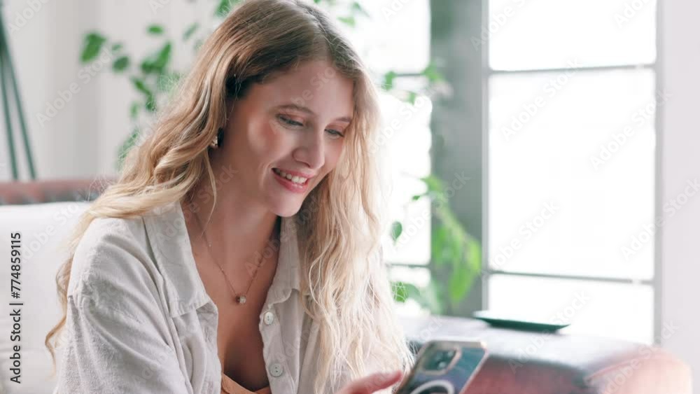 Canvas Prints woman, cellphone and laughing for internet at home for digital communication, networking or scroll. 