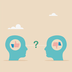 Concept of illusions, human head looking at an object with different perceptions. Information and thoughts or opinions vary by personality or point of view.
