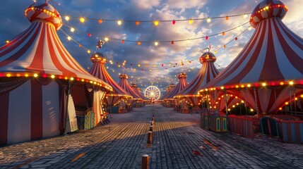 3D rendering of a Circus tent at the funfairs standing side by side in the carnival