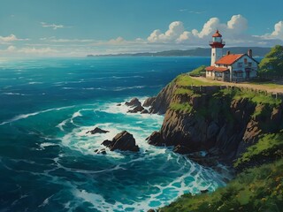 Old lighthouse on the cliffs on the seashore. Waves. Bright colorful anime illustration. 