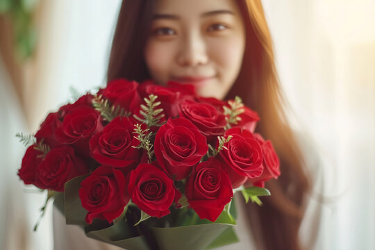 A beautiful bouquet of pastel red roses in female hands. Work as a florist in a flower shop. Delivery of fresh cut flowers. European flower shop. Beautiful girl holding a bouquet of red roses