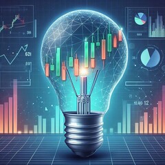 A digital illustration showcasing a lightbulb encompassing financial graphs and data, set against a blue technological backdrop suggesting a stock market concept.