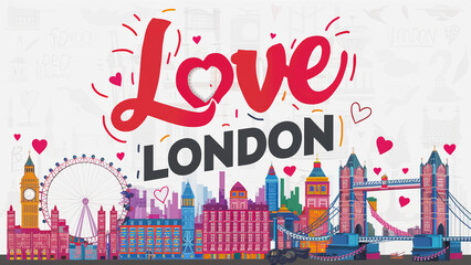 A vibrant and artistic illustration showcasing prominent landmarks of London including the towering...